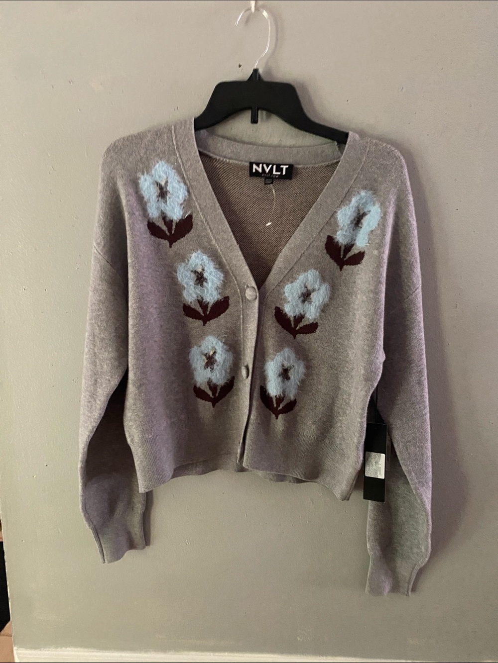 NVLT Gray Cropped Cardigan with Blue Floral Embroidery